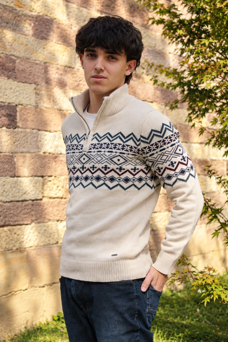 Jersey hombre Tricots Ruiz beige con dibujo jacquard y cuello alto