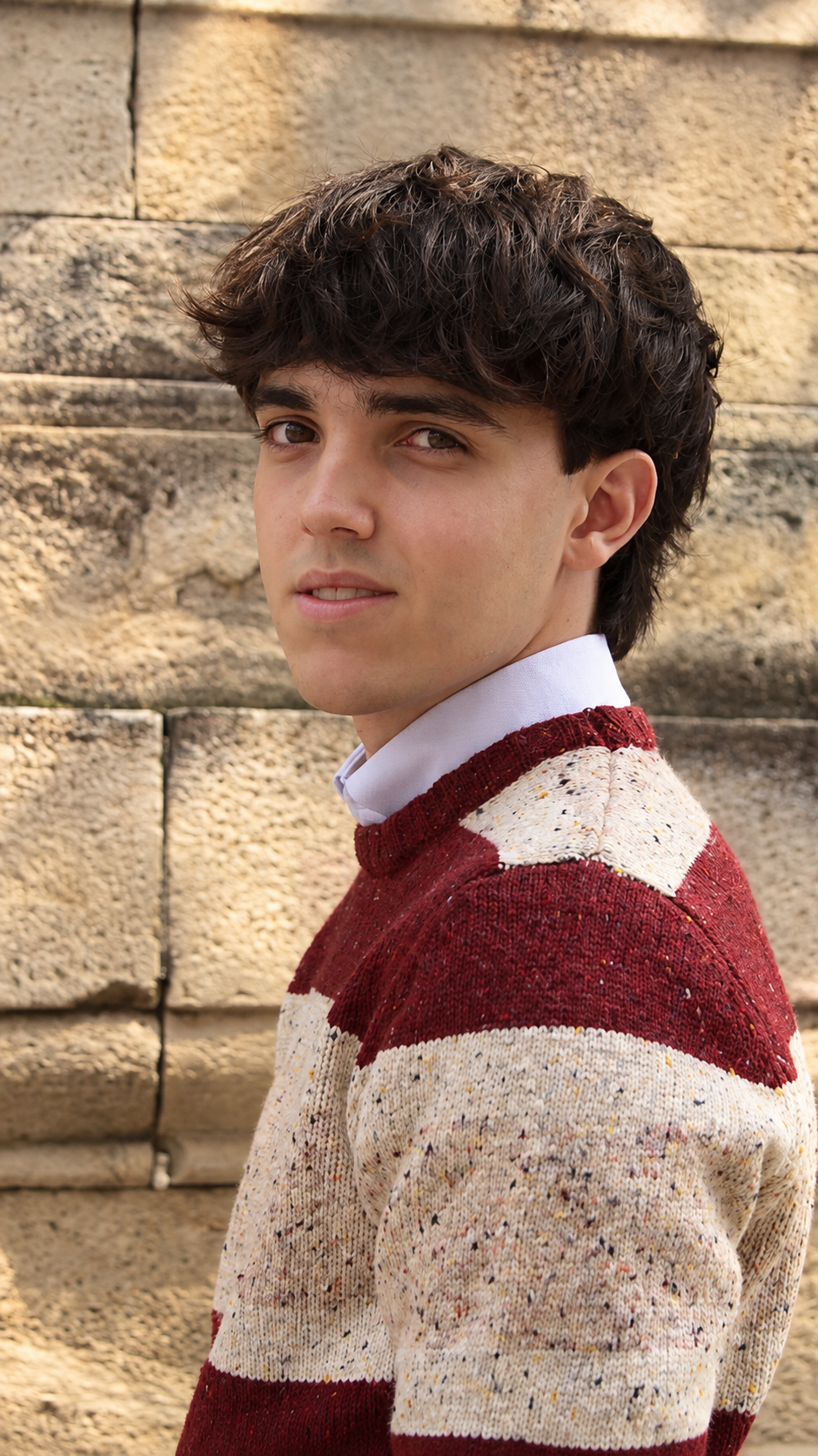 Detalle jersey hombre Frank & Josep de rayas burdeos y beige